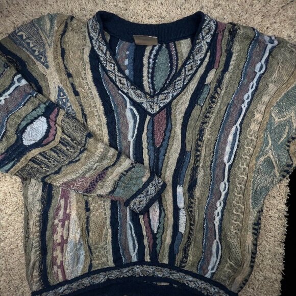COOGI Classic Sweater Multicolor Intricate 3D Abstract V Neck XL Linen Cotton - Picture 1 of 12